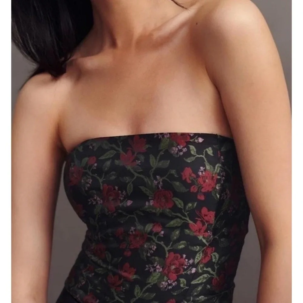 Reformation Giorgia Corset Size 4 Black Top With Red And Green Floral Zip Back - Picture 1 of 8